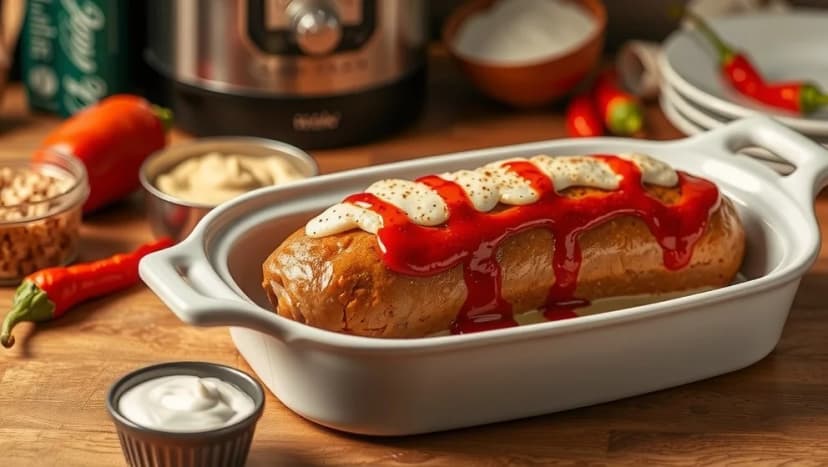 Falukorv i ugn med grädde och chilisås