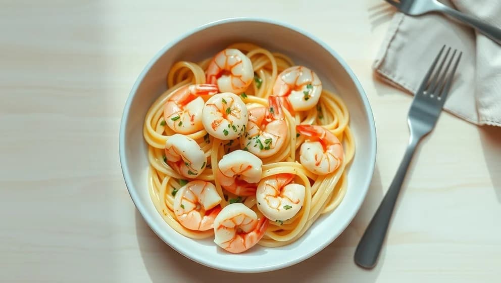 Pasta med räkor och vitlöksgrädde